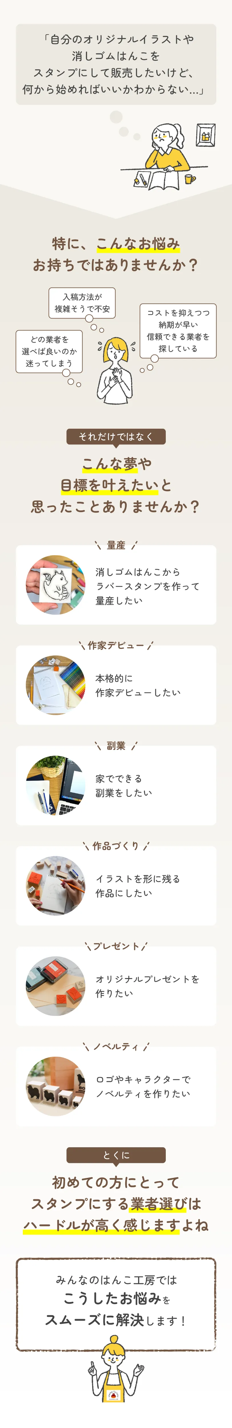 オリジナルイラストや消しゴムはんこをラバースタンプ（ゴム印）にして販売したいけれど、入稿や業者選びに不安がある方へ。量産・作家デビュー・副業・作品づくり・プレゼント・ノベルティなど、初心者の夢や目標を「みんなのはんこ工房」がサポートします。