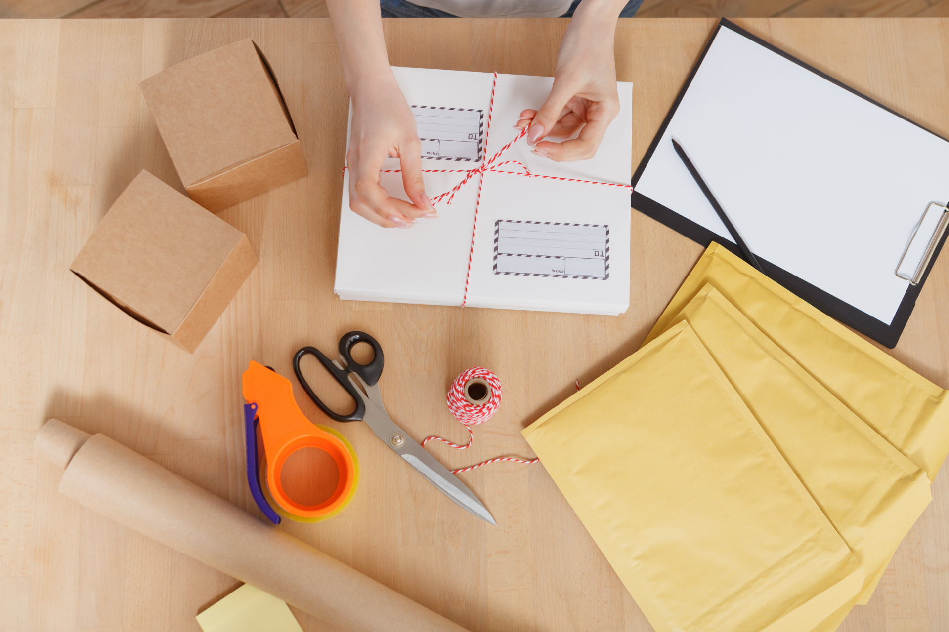 ラバースタンプとOPP袋、緩衝材などの梱包資材を並べた販売準備のイメージ写真。