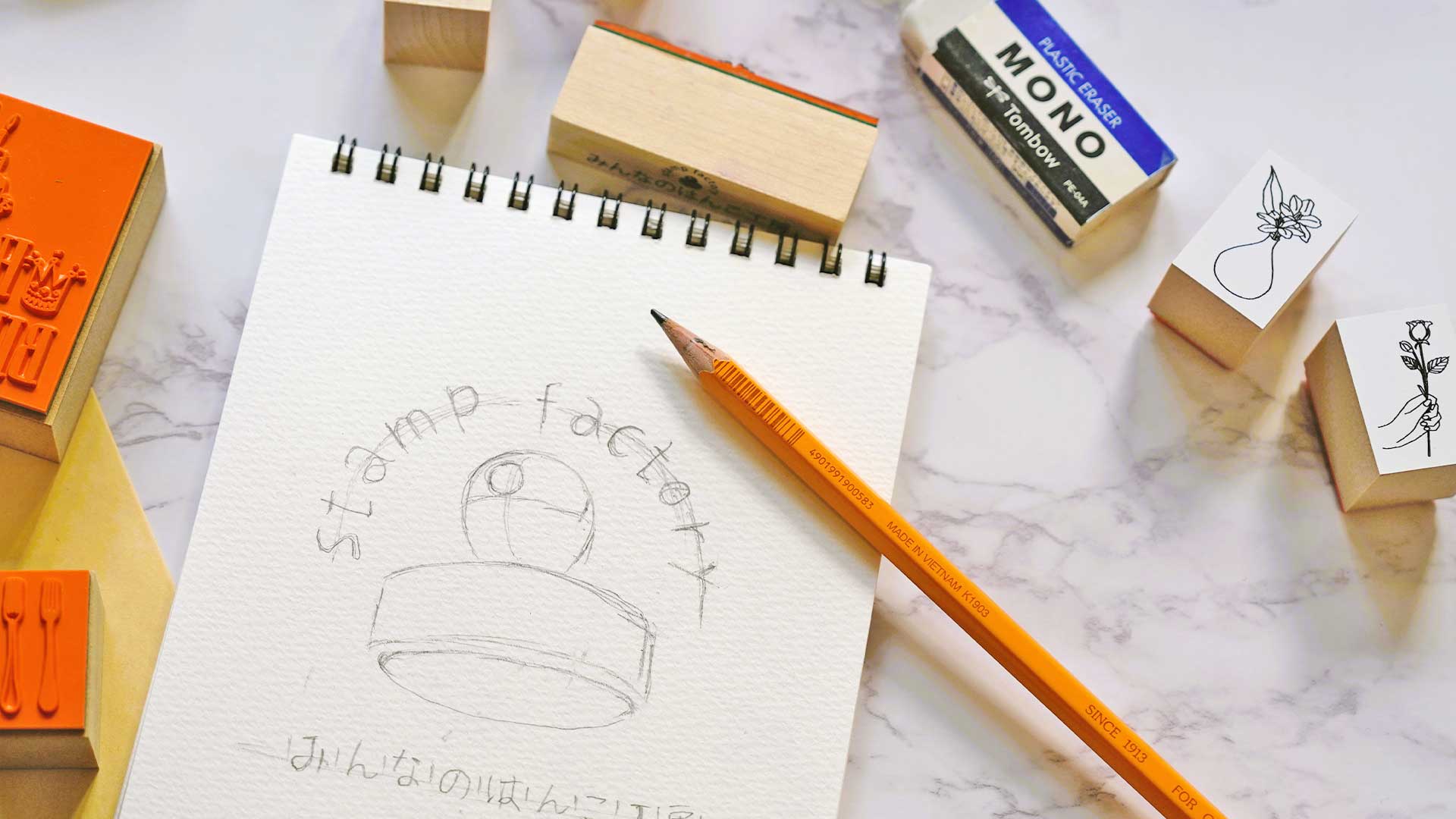 ロゴや似顔絵のデザインがオーダーメイドスタンプとして完成するまでの流れを表現した画像