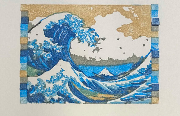 浮世絵をモチーフに、スタンプをガイドに沿って捺したオリジナル版画