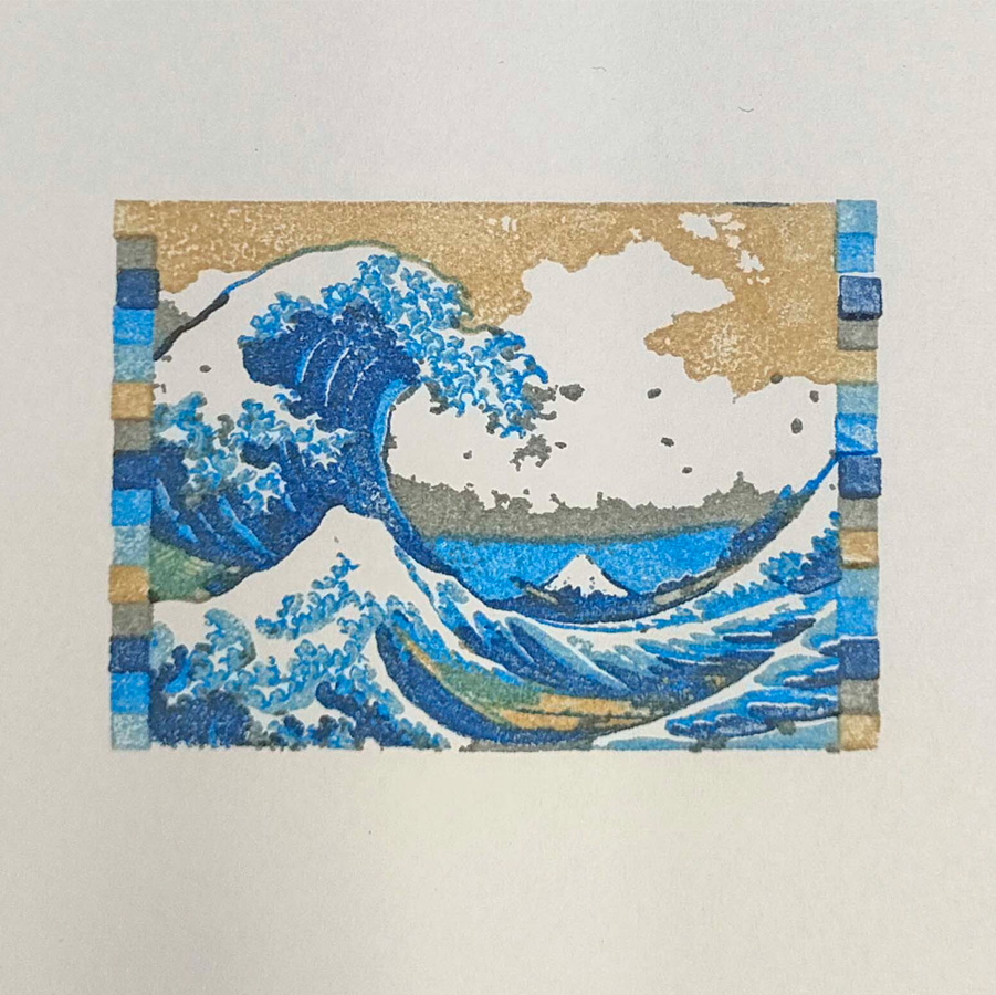浮世絵をモチーフに、スタンプをガイドに沿って捺したオリジナル版画