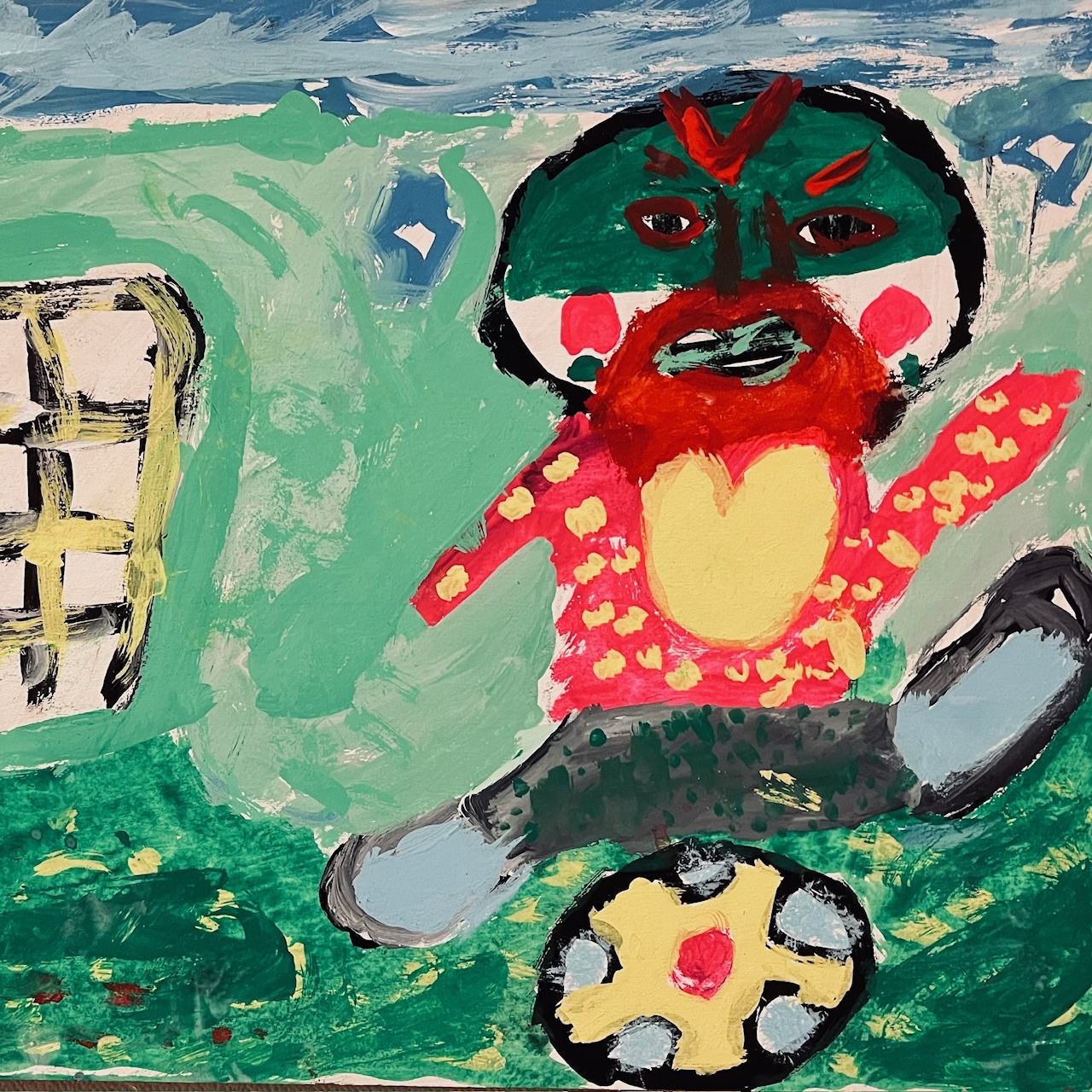 息子が小6に描いたサッカーをするライダーマンの絵