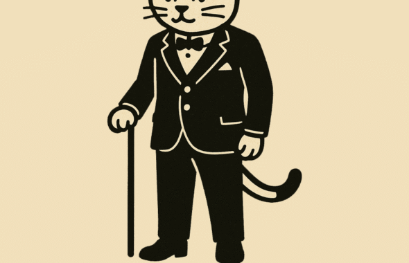 ハットをかぶってスーツに蝶ネクタイ、ステッキを持った猫のオリジナルイラスト